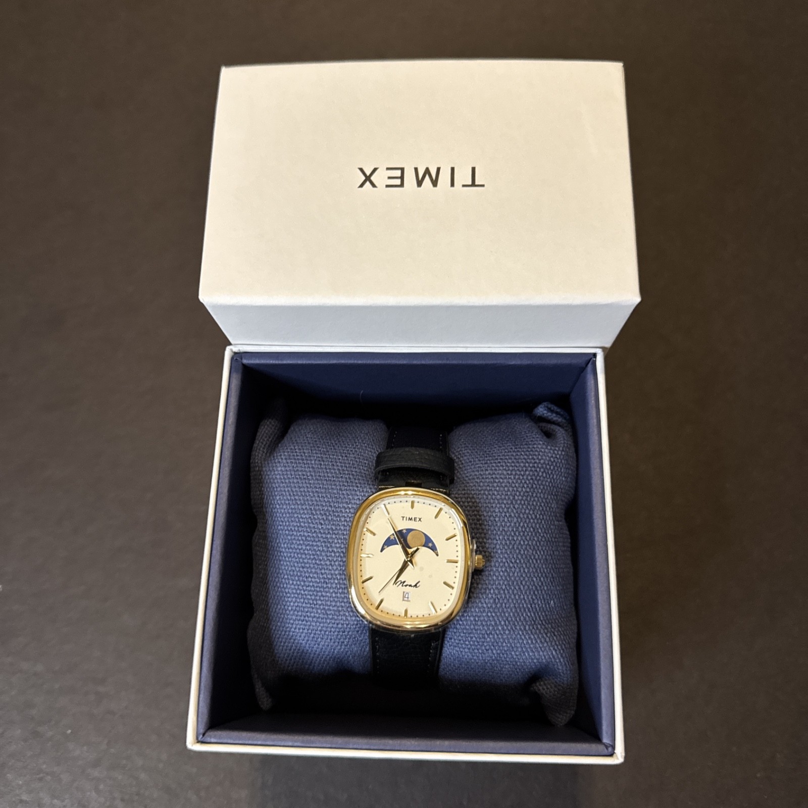Noah x Timex Oval Moonphase Black / Gold Watch | Black Leather Strap