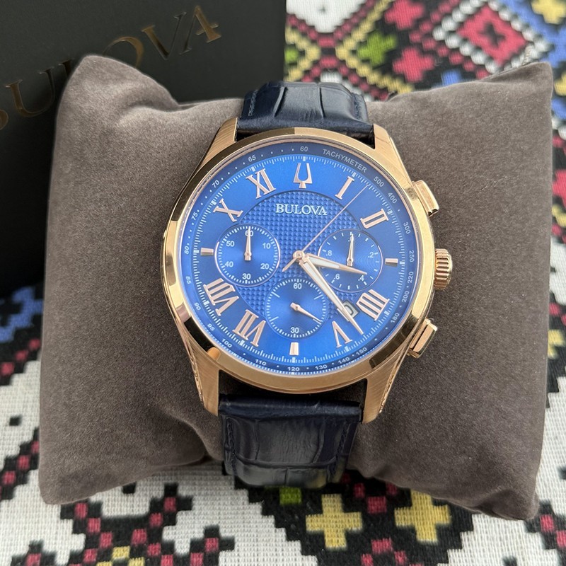 Bulova Classic Wilton Men’s 97B170 Blue Dial Blue Leather Quartz Watch 46.5mm