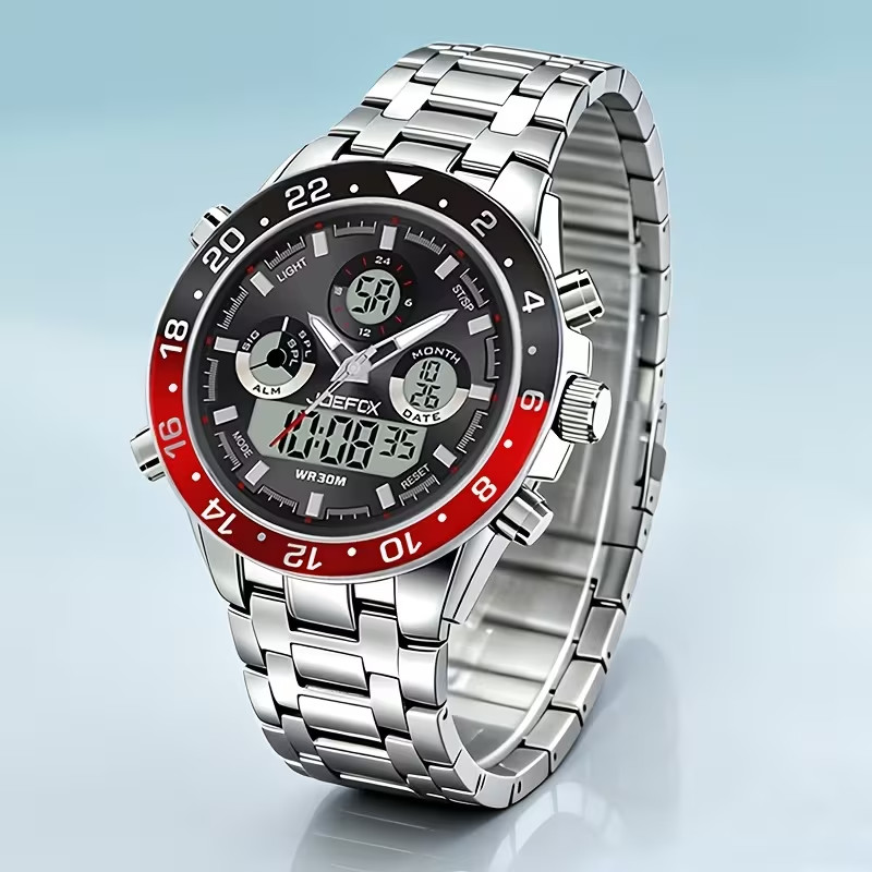 Men’s Sports Coke Watch Dual Display Analog Digital Chronograph Steel WR30M New