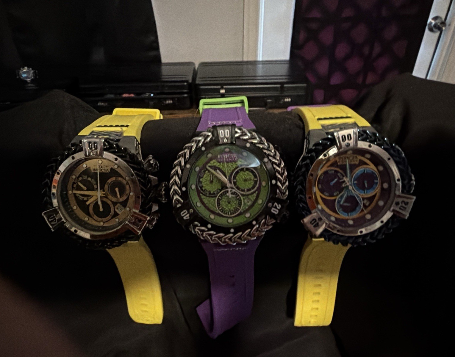 Invicta Joker Quartz Chronograph Analog Watch Lot w/ Yellow Purple Green Straps