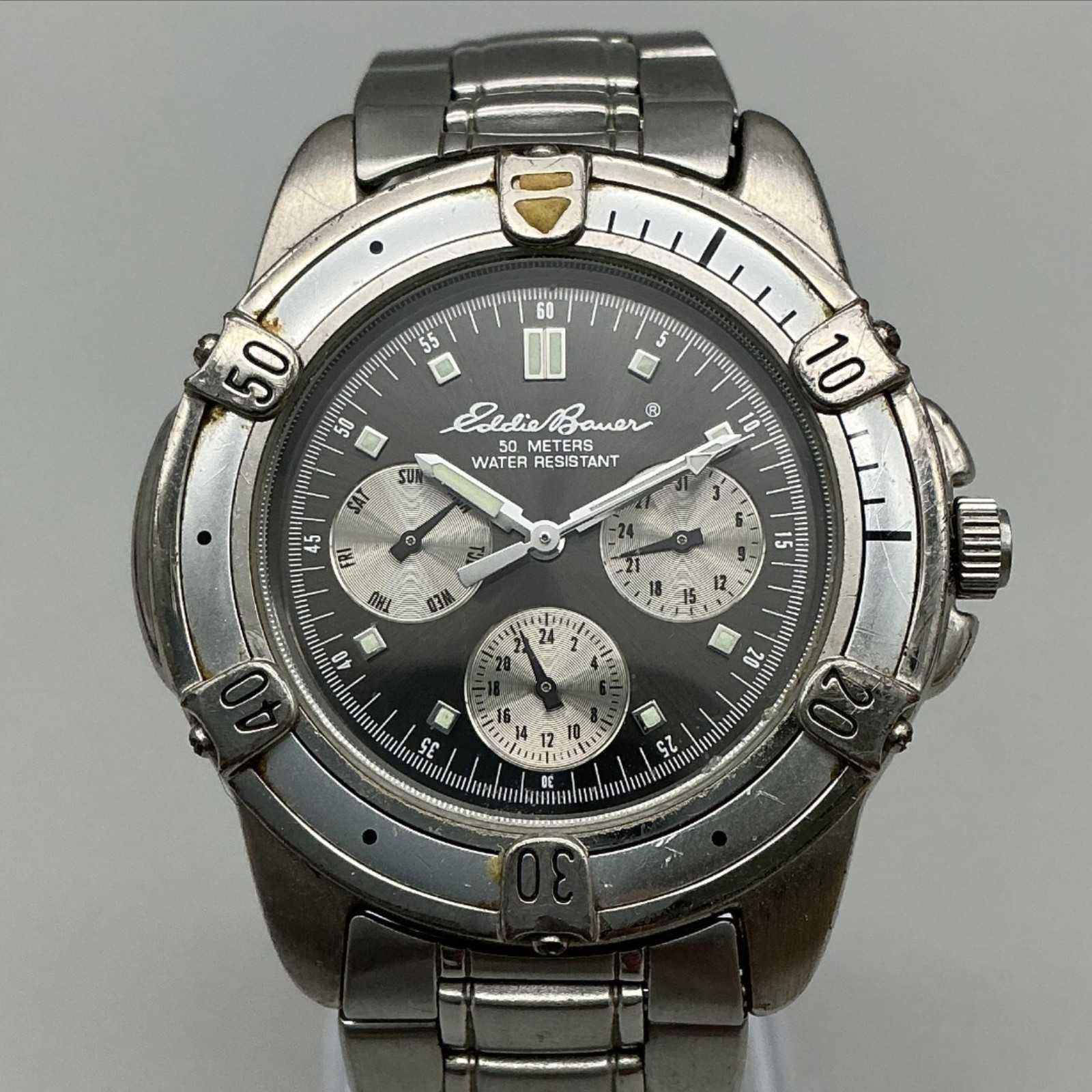 Eddie Bauer Mens Watch 39mm Black Dial Silver Tone Multifunction New Battery 7″
