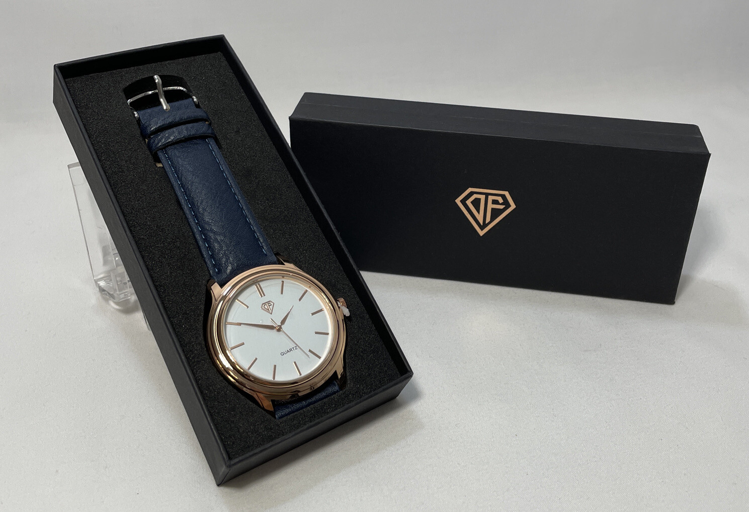 Men’s Or Women’s Rose Gold Plated DF Quartz Watch Stainless Back Blue Band New