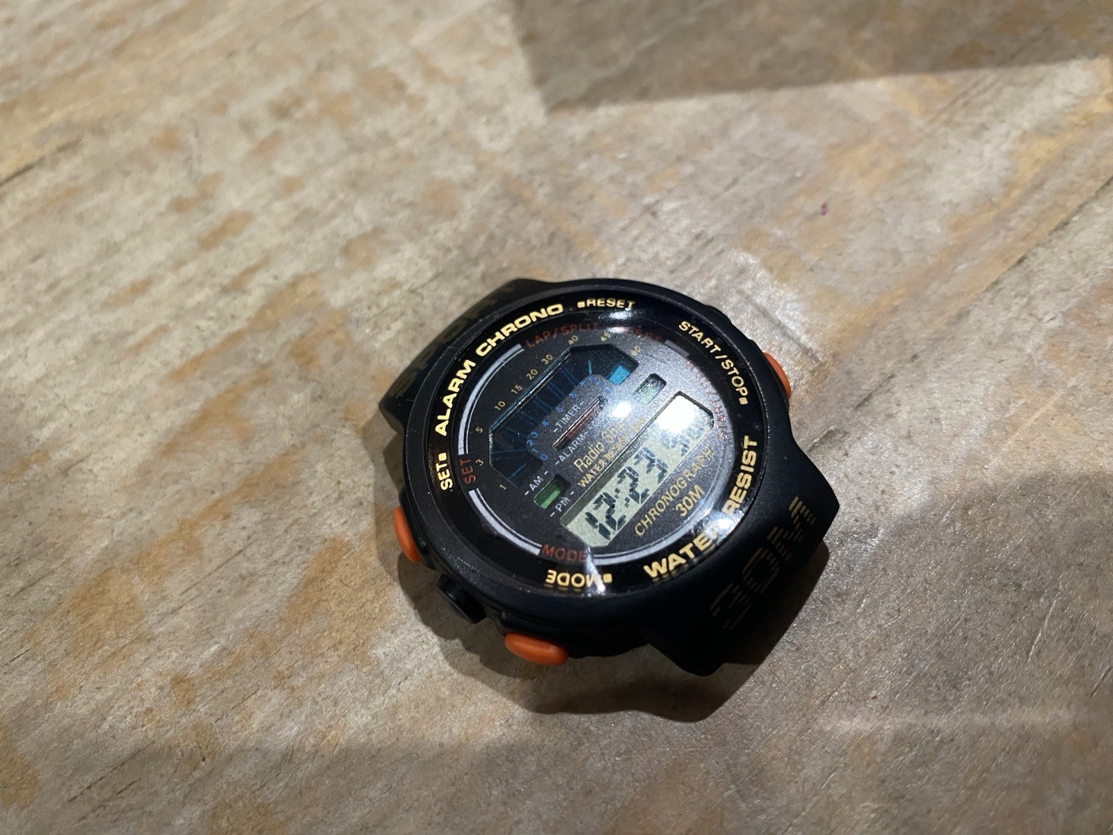 Vtg Radio Shack Sports Watch Mens Black And Orange Tone Chronograph 63-5080