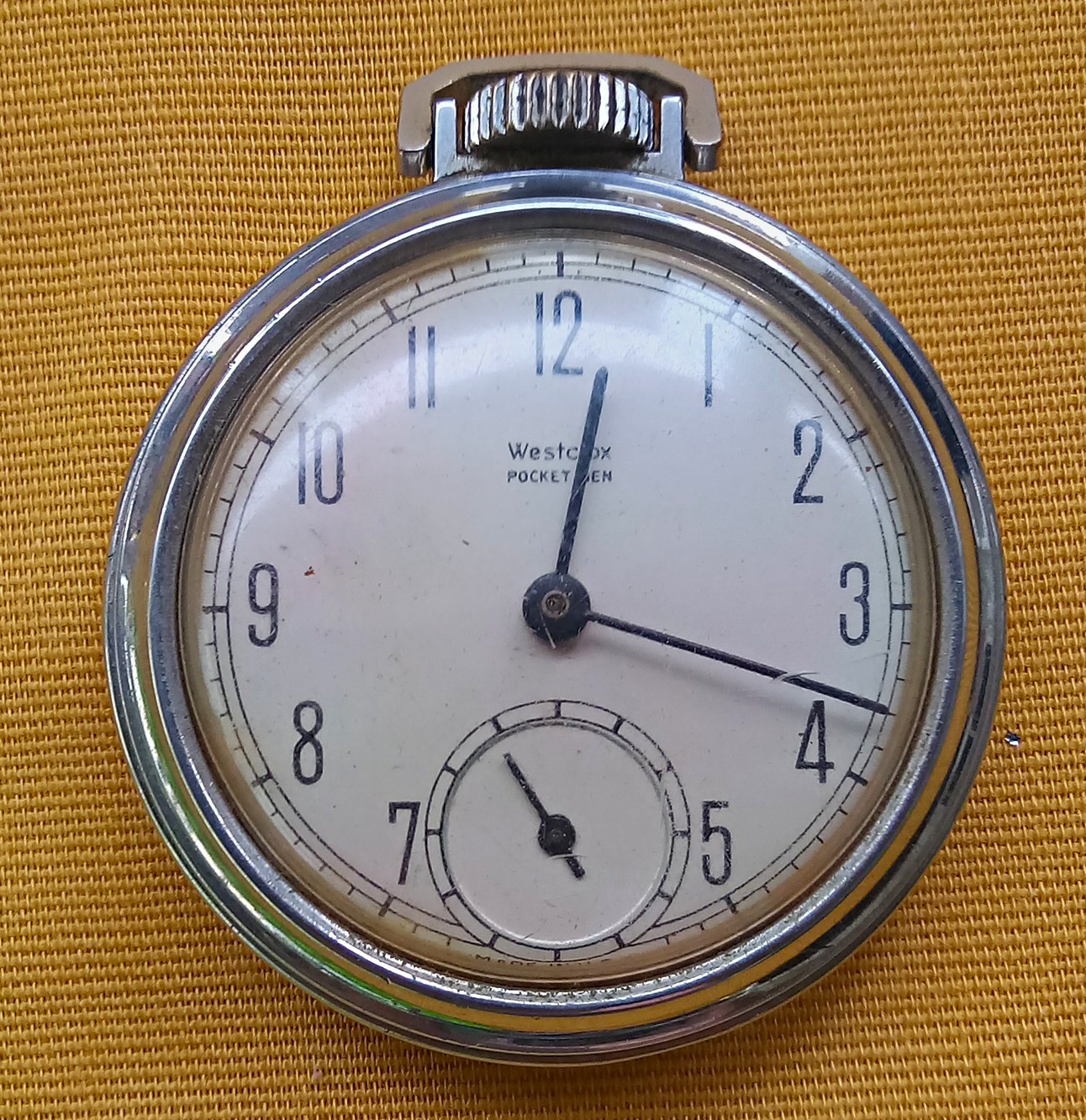 Westclox Pocket Ben Silver Polished Open Face Mechanical Pocket Watch White Dial