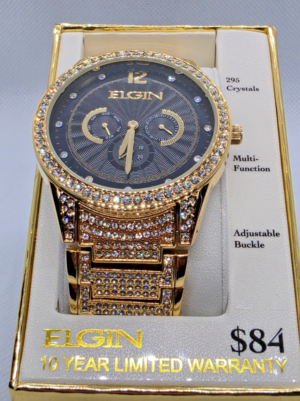 Elgin Men’s Gold Gem Paved Black Dial Watch VD75 NEW in Box