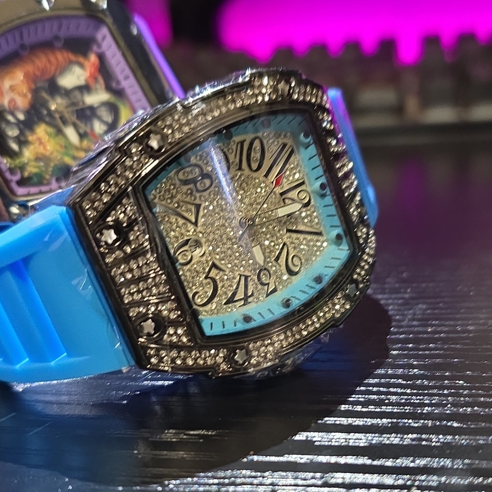 Luxury Watch Set Blue Purple Black Rubber Bands Skeleton Dial Stainless Steel