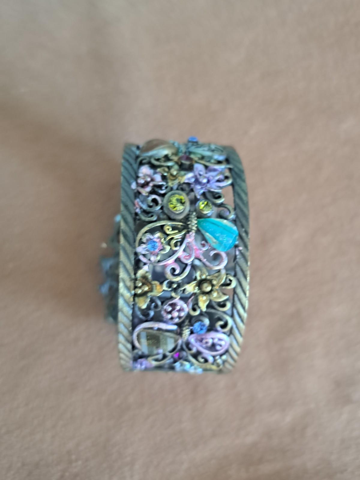 Brass Bracelet Watch Floral Rhinestones Boho 1 Inch Wide