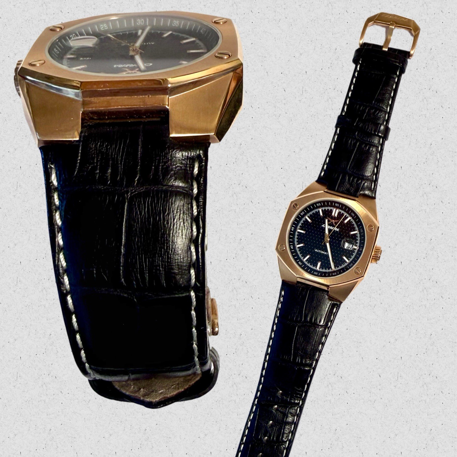 43mm Auto | Rosetone Octagonal Bezel | Black Dial & Leather Strap CARERA Watch