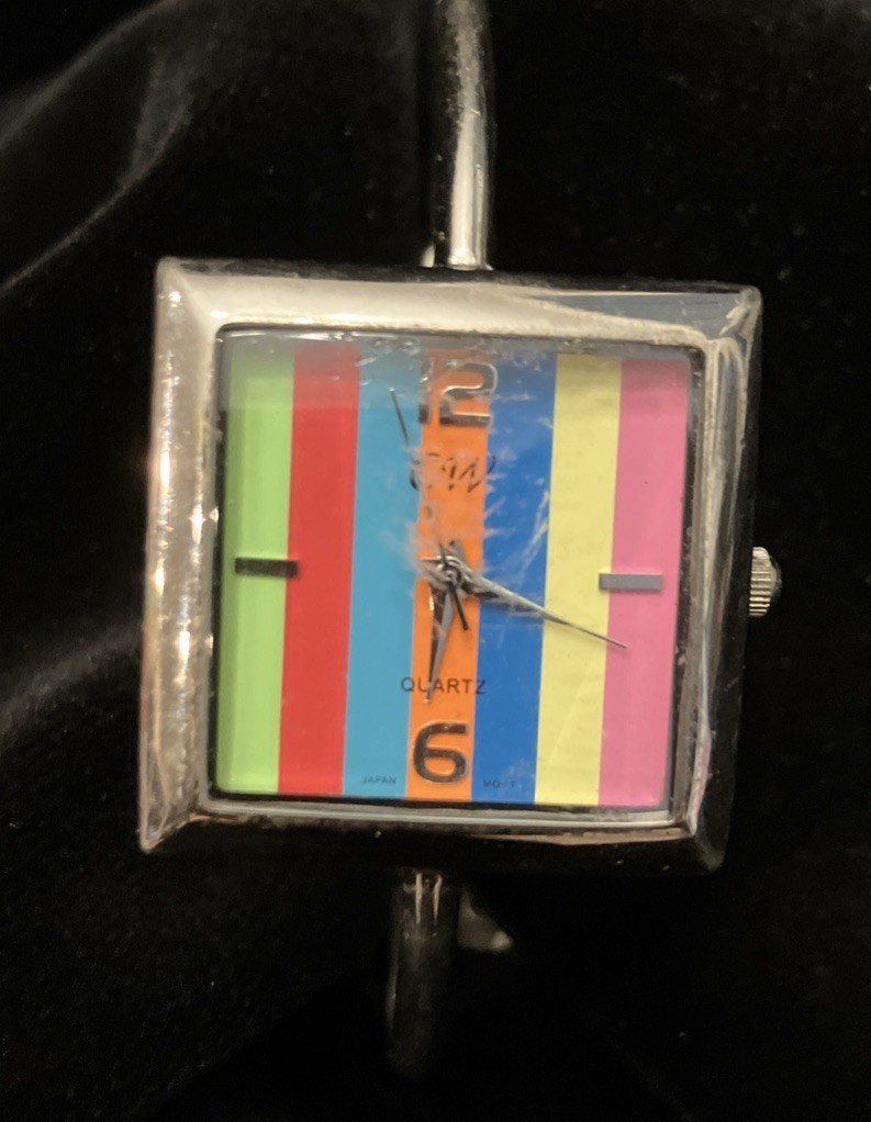 CW Red Green Blue Yellow Square Face Striped Rainbow Watch Stainless Steel Works