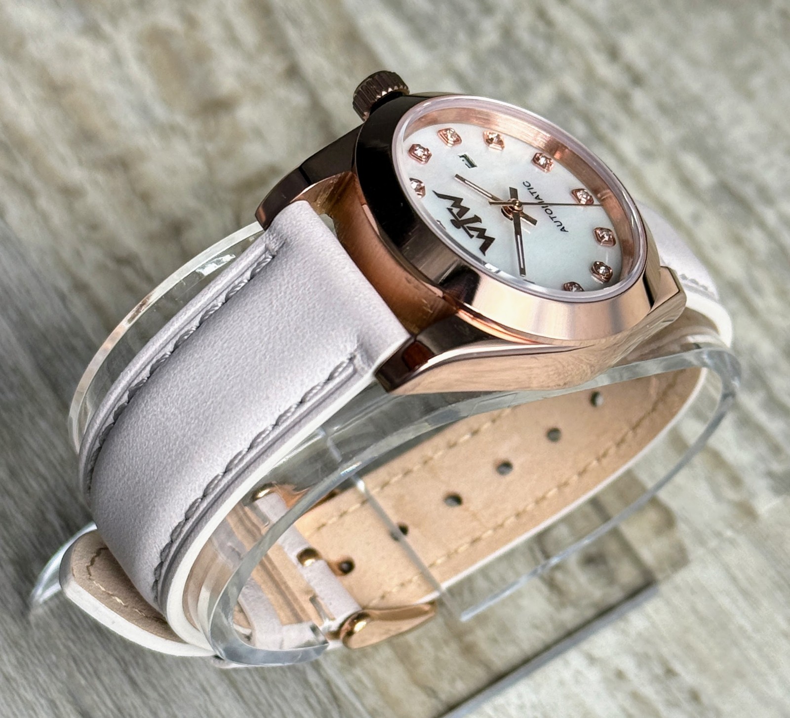 Rose Gold Women’s Automatic Watch With Mother-of-Pearl Style Dial, White Leather