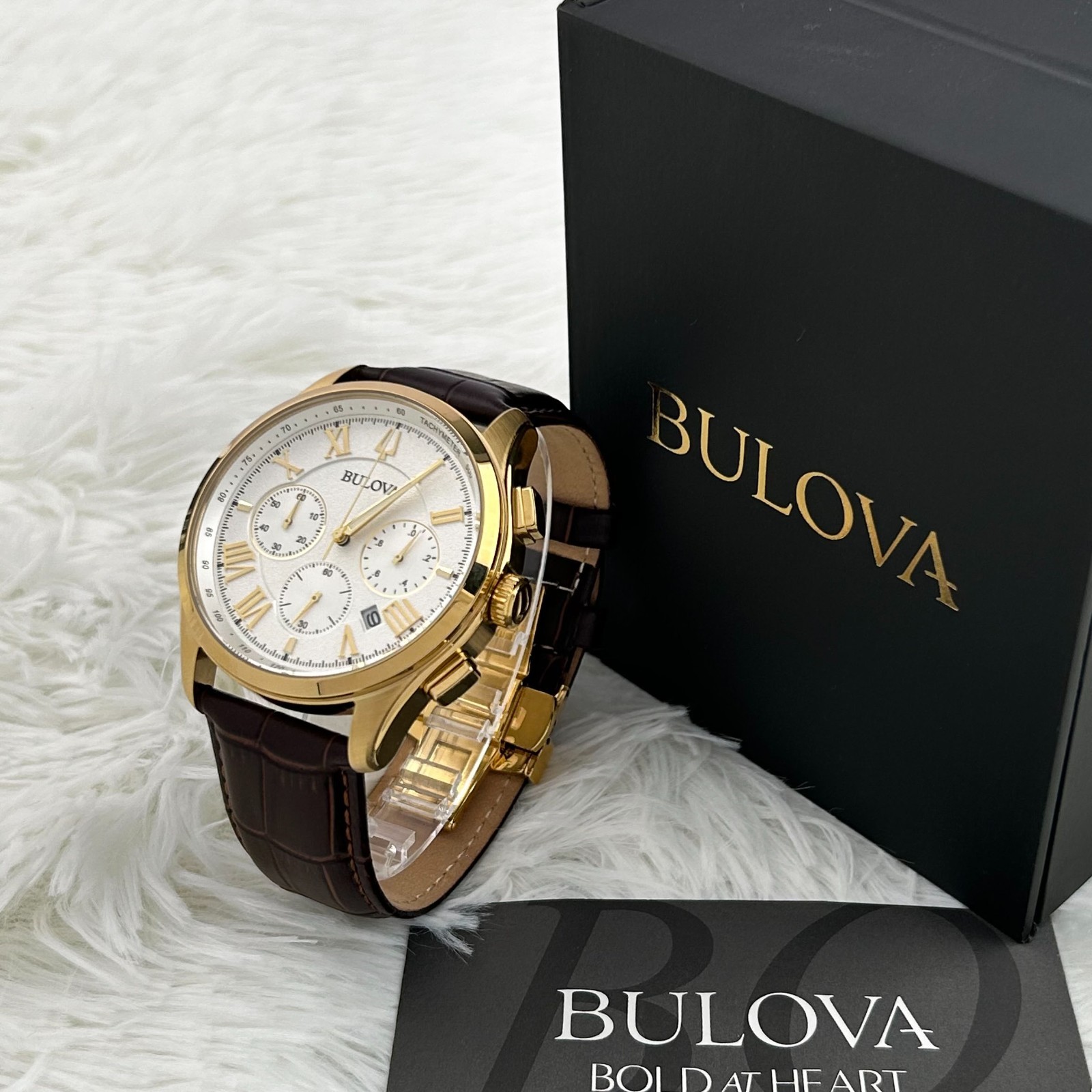 Bulova 97B169 Wilton Chronograph Gold Tone Brown Leather Men’s Watch 46.5mm