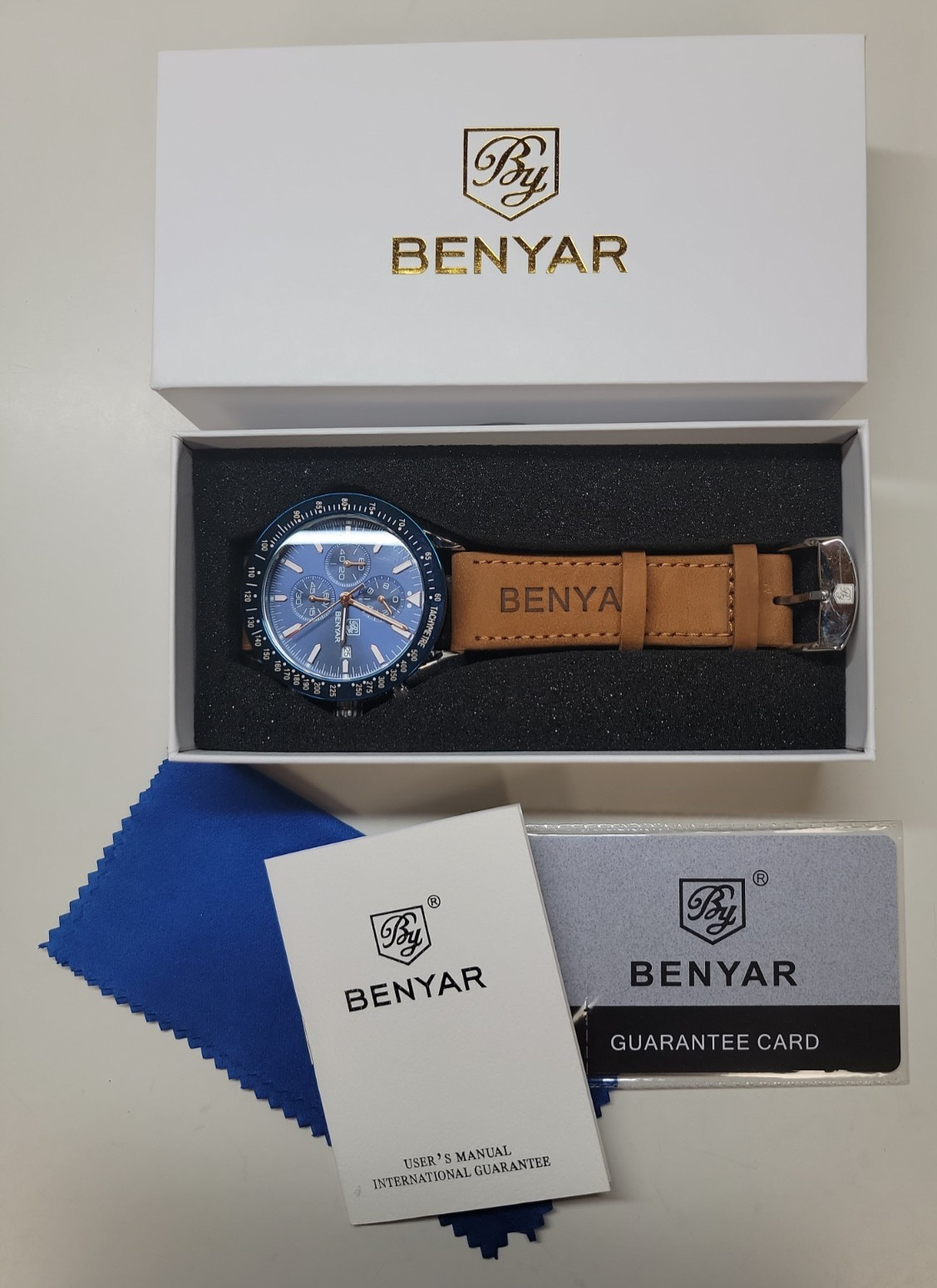 BENYAR Water Resistant Blue Chronograph Analog Leather Wristwatch Men w/ Box