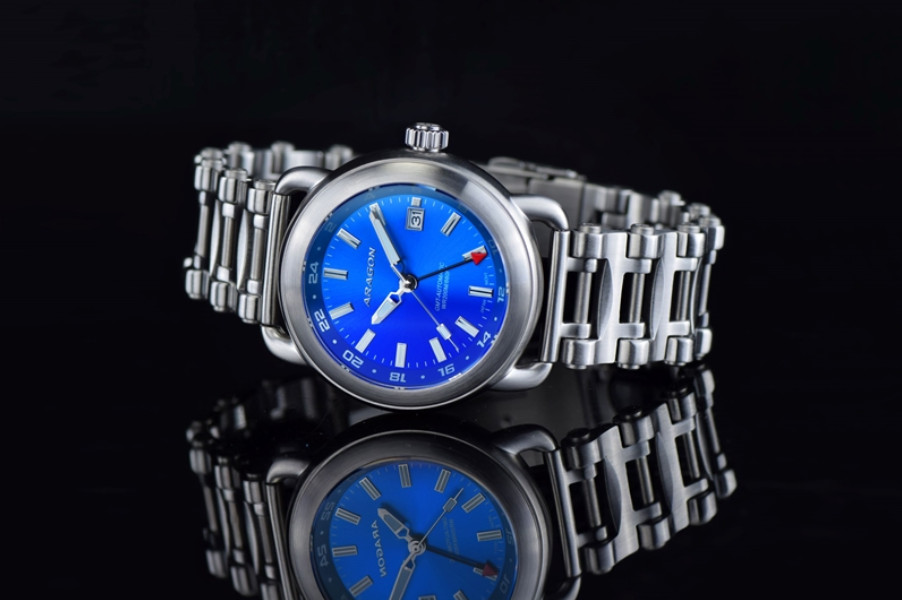 NEW! ARAGON Millipede SunRay Blue Dial GMT Automatic Mnmt Watch 24 HR Dial 44mm