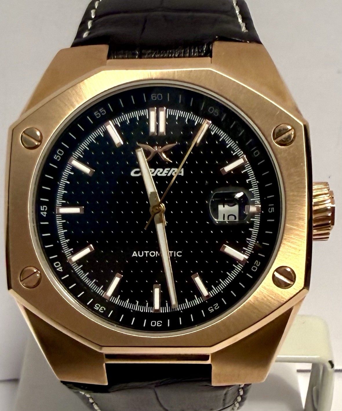43mm Auto | Rosetone Octagonal Bezel | Black Dial & Leather Strap CARERA Watch