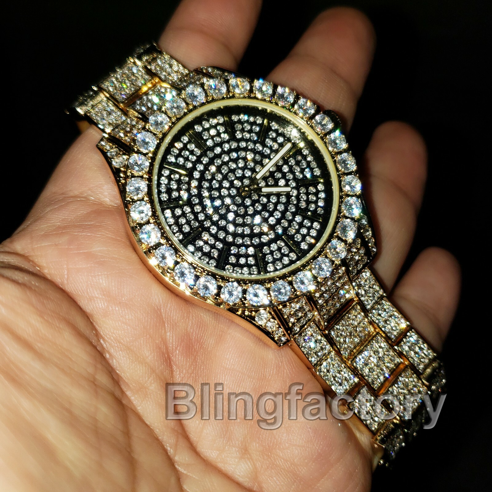 Men’s Hip Hop Full Iced Bling Gold PT Lil Pump Lab Diamond Metal Band Watch