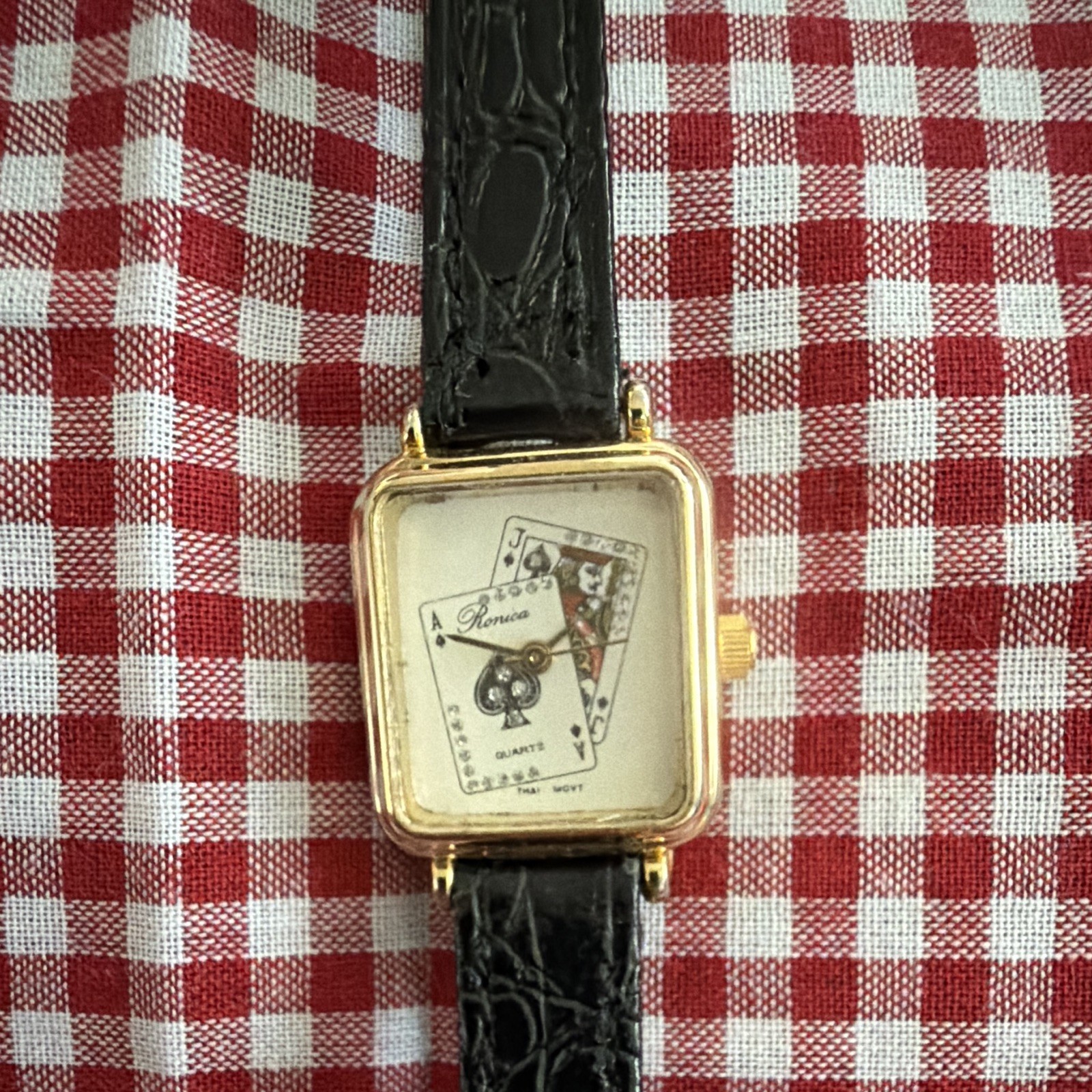Romica Quartz Square Gold-Tone Case Cards Dial Black Leather Strap Watch