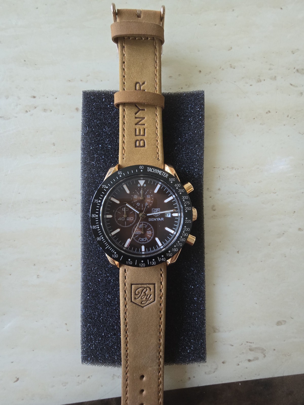 BENYAR Men’s Chronograph Quartz Watch – Gold-Tone Case & Brown Eco Leather Strap