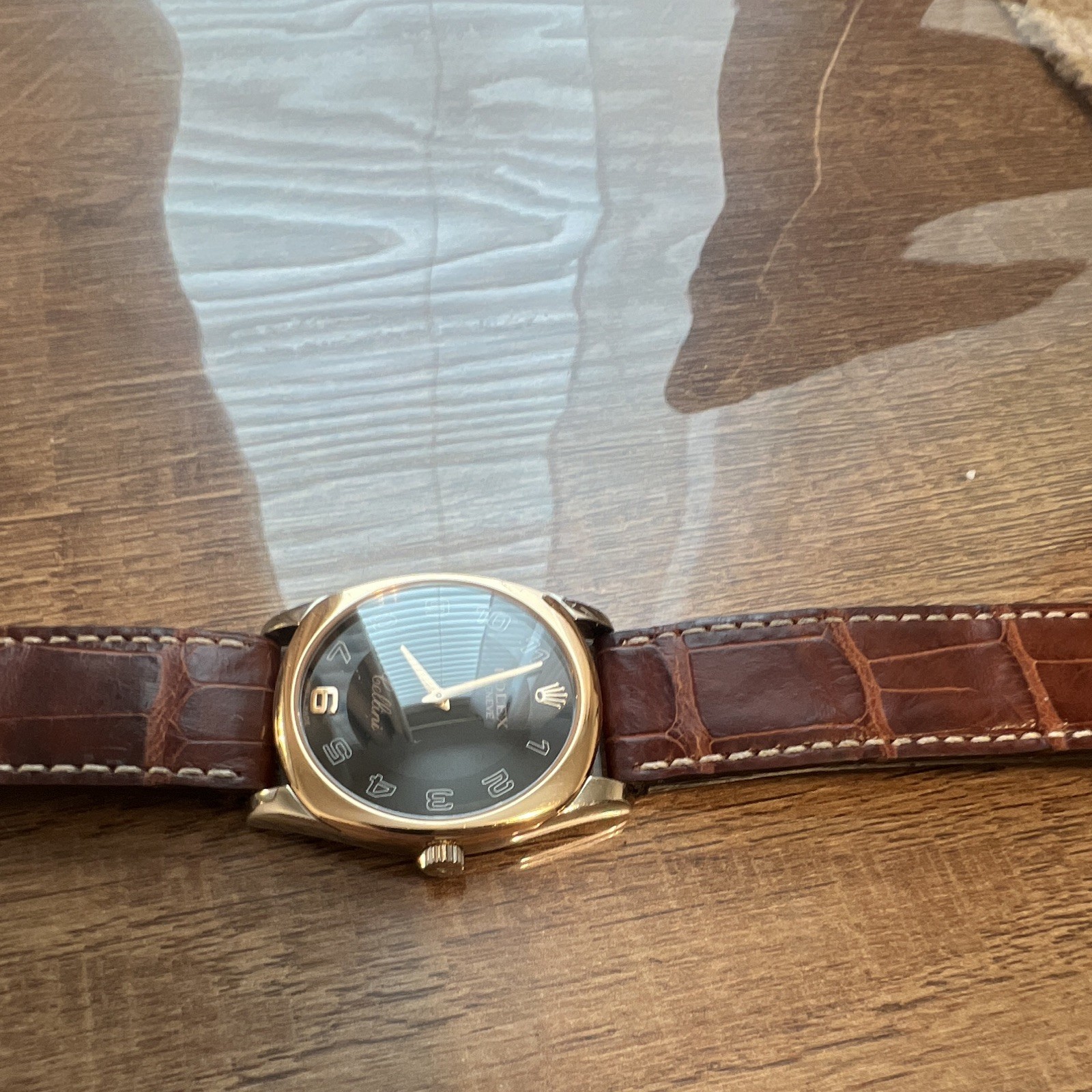 Rolex Cellini Men’s Quartz Dress Watch 33mm 18kGold Case Black Dial Brown Strap