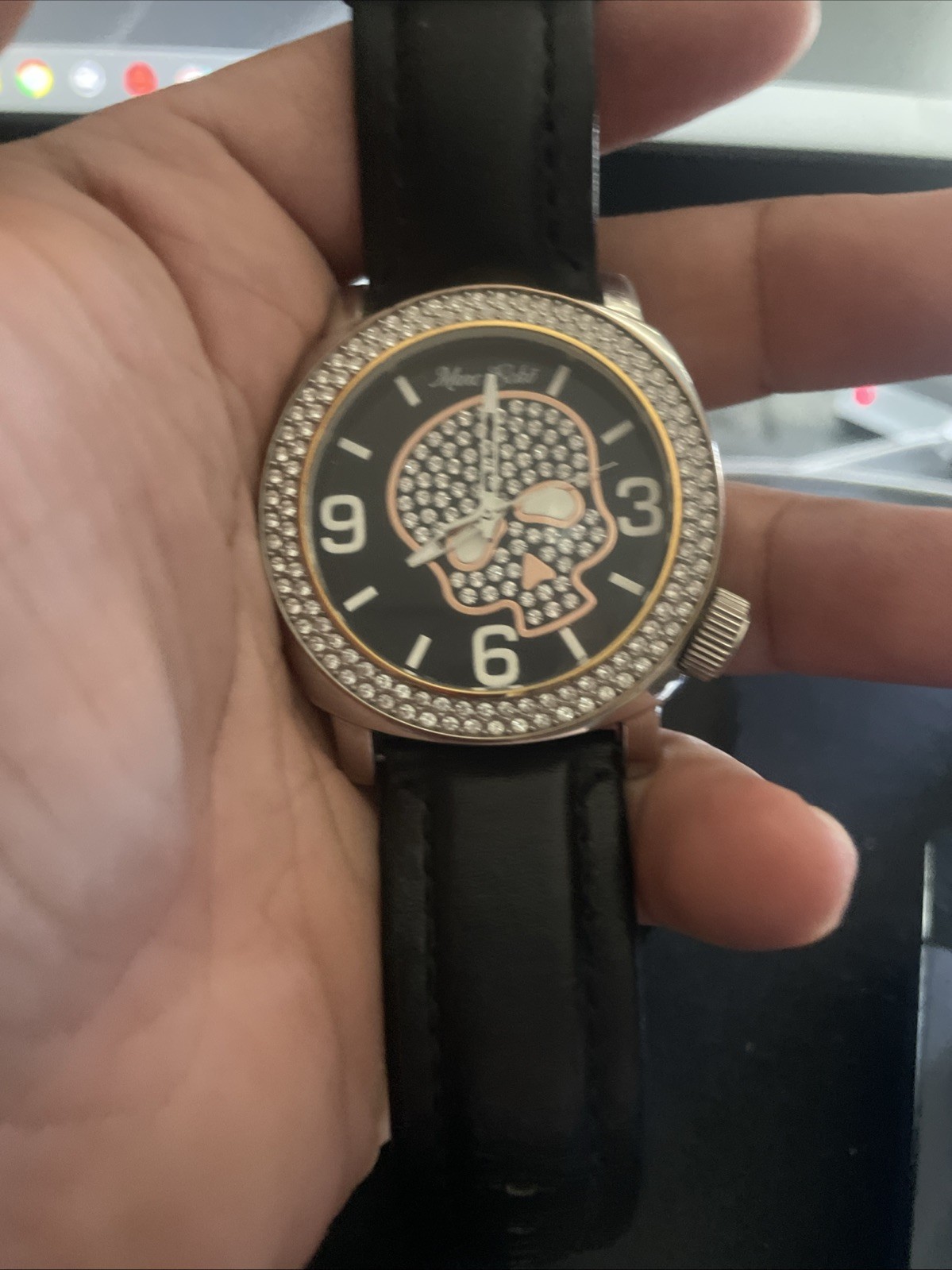 Marc Ecko Watch Black Genuin Leather And Crystals Skull new battery. Runs Good
