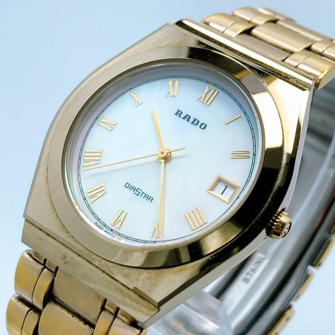 Rado DiaStar 113.9519.3 Quartz White Shell Dial Date Gold Watch Japan