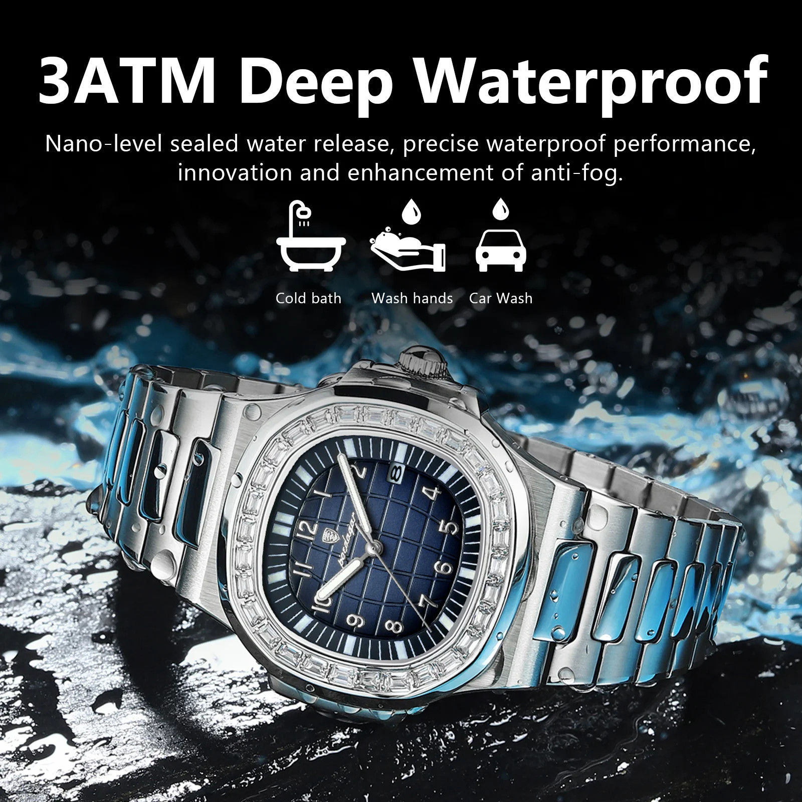 POEDAGAR Men’s Square Quartz Watch Waterproof Luminous Date Stainless Steel