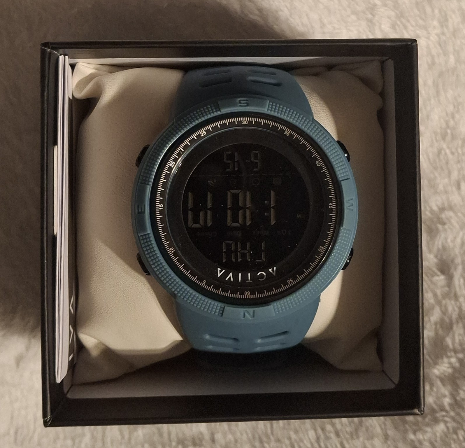 Activa Digital Quartz Wristwatch Blue Rubber Strap Alarm Day/Date Chime w/ Box