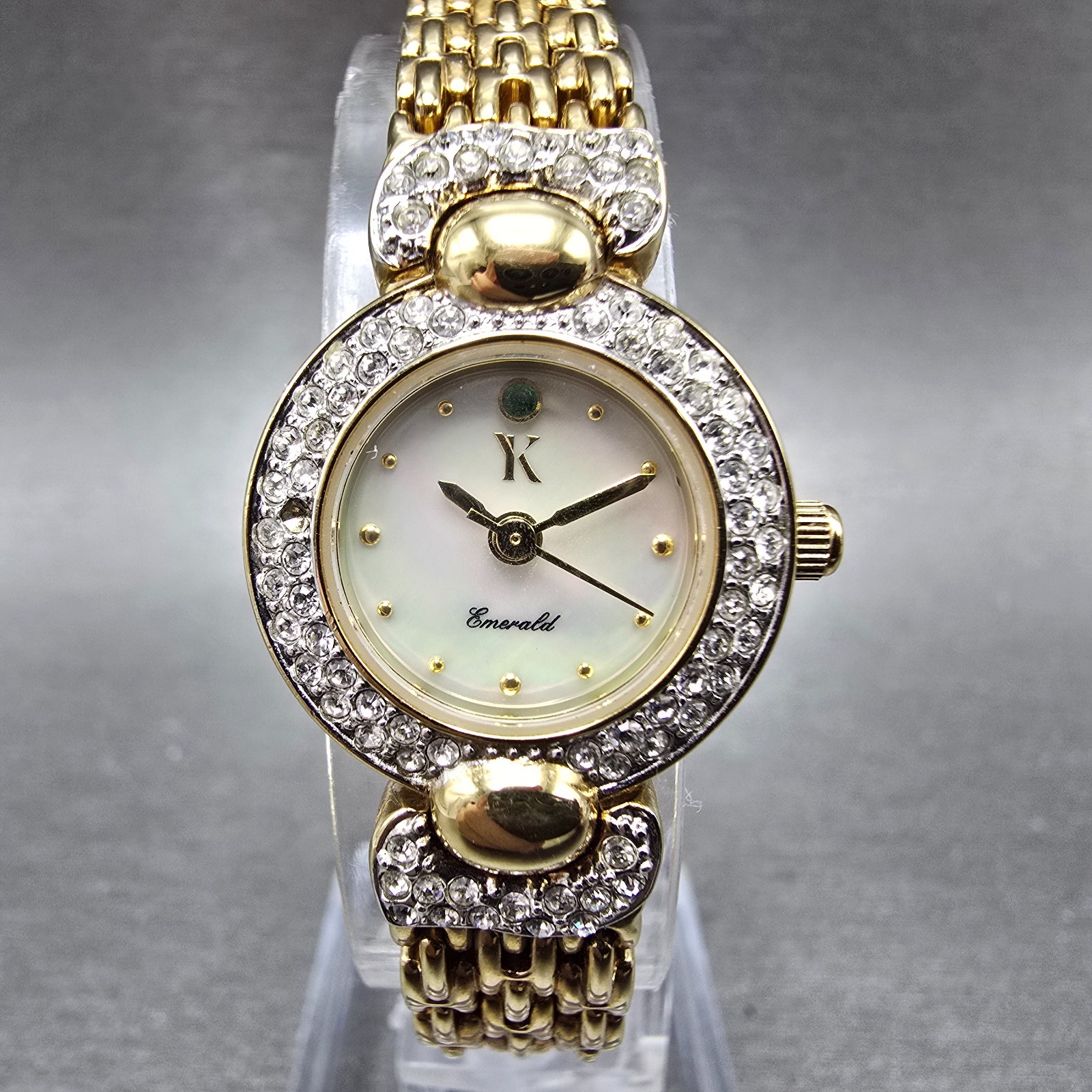 Yukiko Kimijima Emerald Watch Women 20mm MOP Dial Gold Crystal Bezel New Battery
