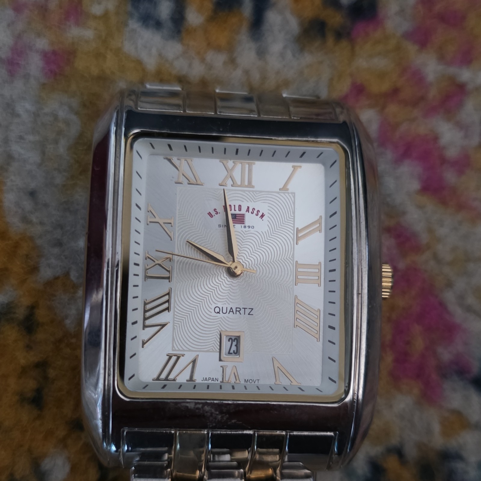 U.S. Polo Assn. Men’s Quartz Rectangular Two-Tone Metal Bracelet Watch Date Box