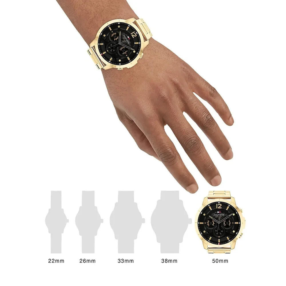 NEW TOMMY HILFIGER LUCA GOLD TONE BLACK DIAL DAY DATE MULTIFUNCTION MEN’S WATCH