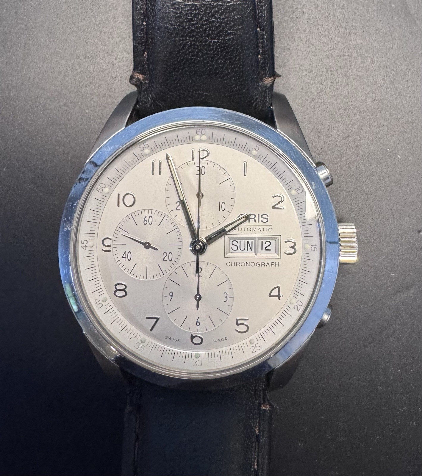Oris Automatic Chronograph Day/Date, White Dial, Black Leather Strap 44mm