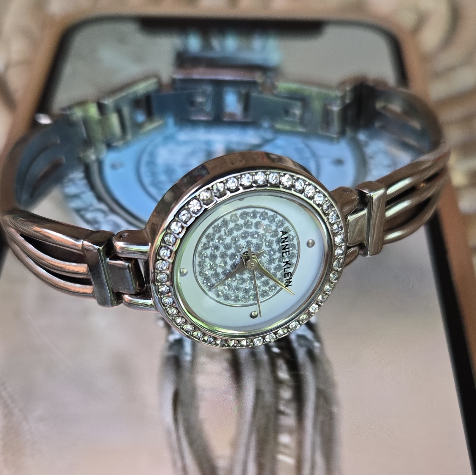 Anne Klein Women’s Quartz Analog Silver Dial Bangle Watch Gem-Set Bezel