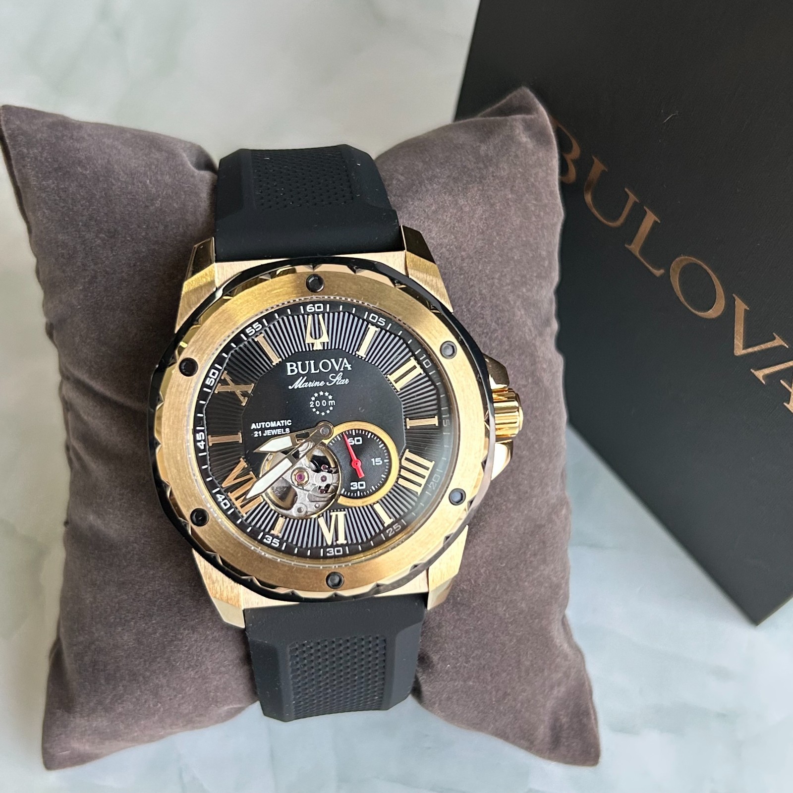 Bulova Marine Star 98A272 Black/Gold Dial Silicone Men Automatic Watch 45mm New