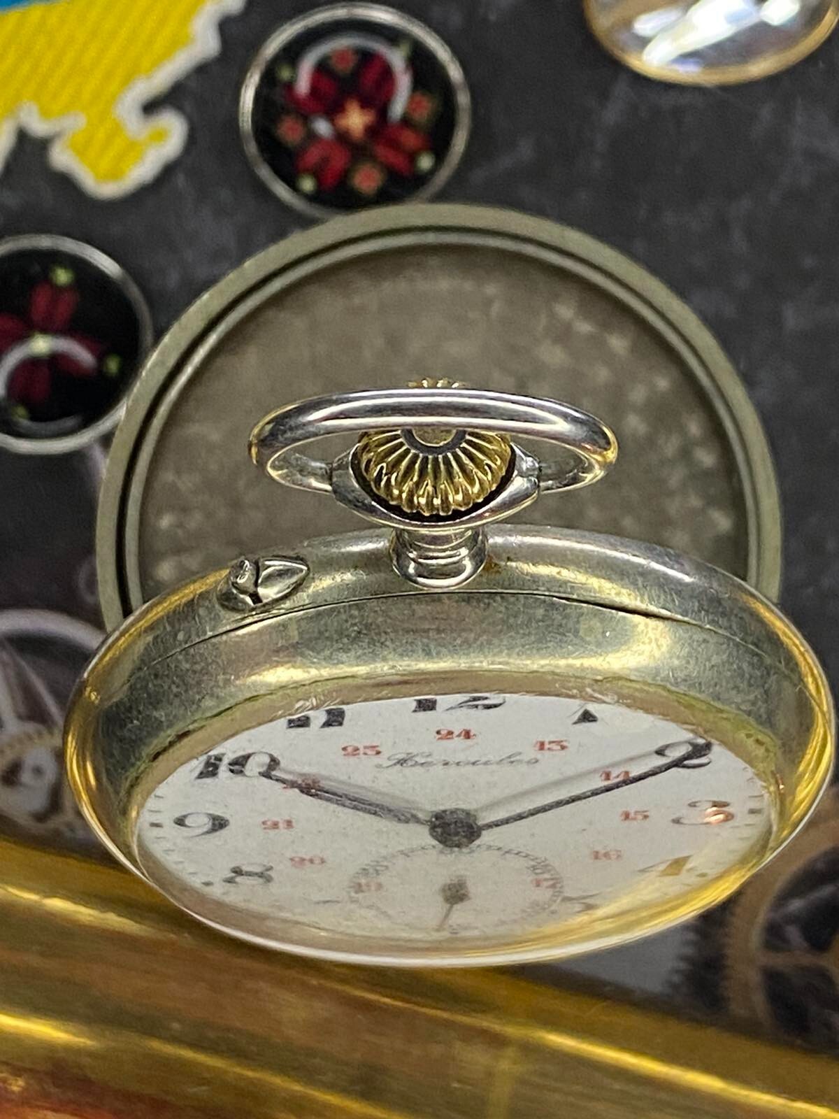 Antique Pocket Watch Mechanical Swiss Silver Depose Art Hercules Bicycles Rare