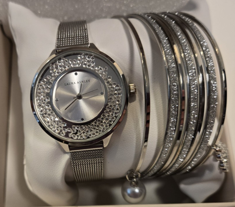 Laura Ashley Women’s’ Watch Bling bracelets Gift Set $495 MSRP color Silver