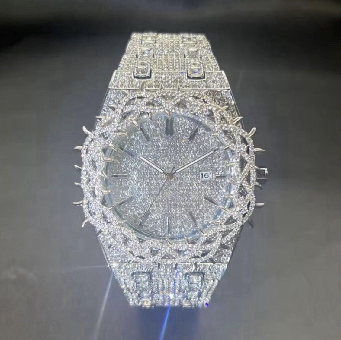 Silver Tone Iced Out Analog Wristwatch, Gem-Set Bezel, Date, Bracelet