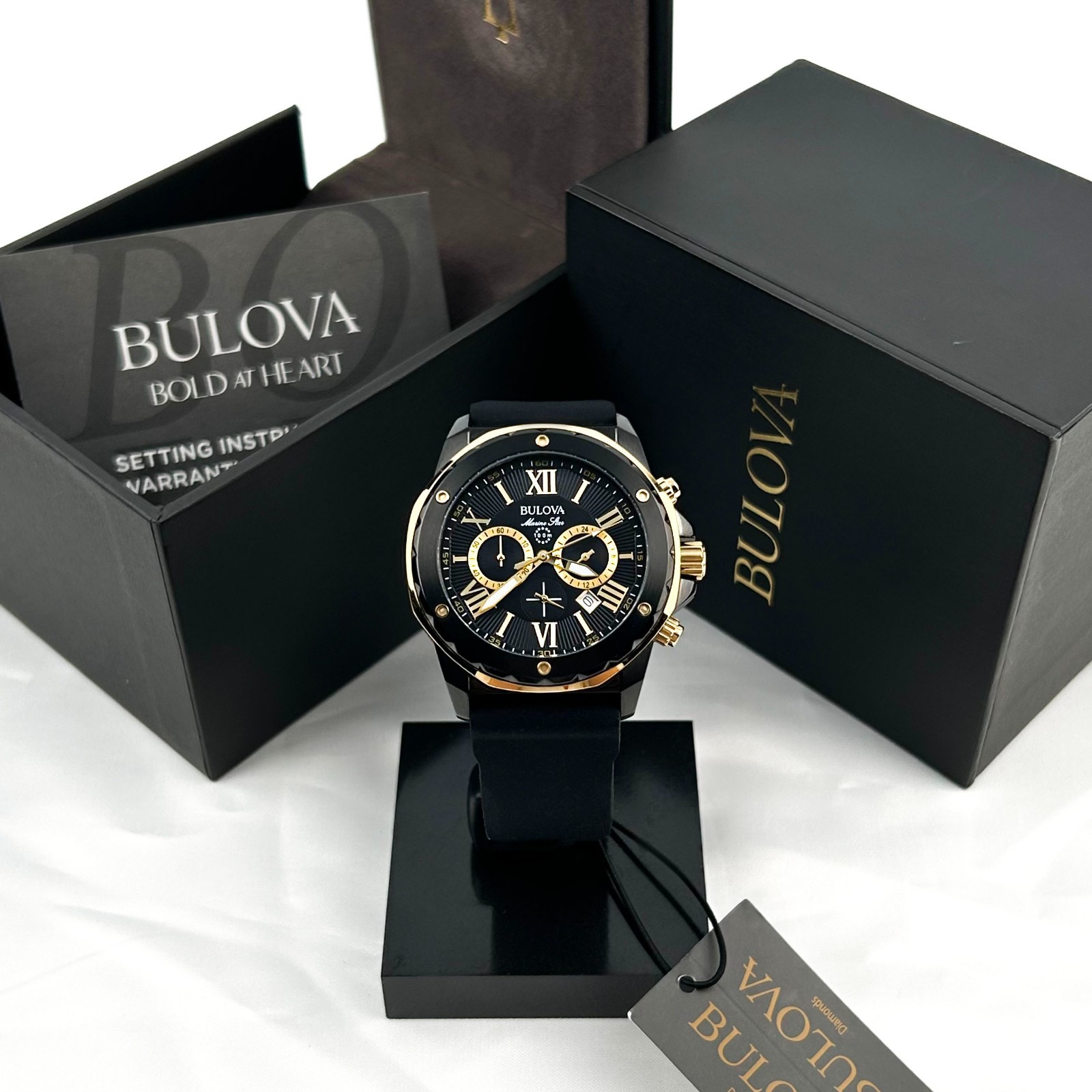 Bulova Men’s Marine Star 98B278 Black Dial Silicone Strap Quartz Watch 44mm