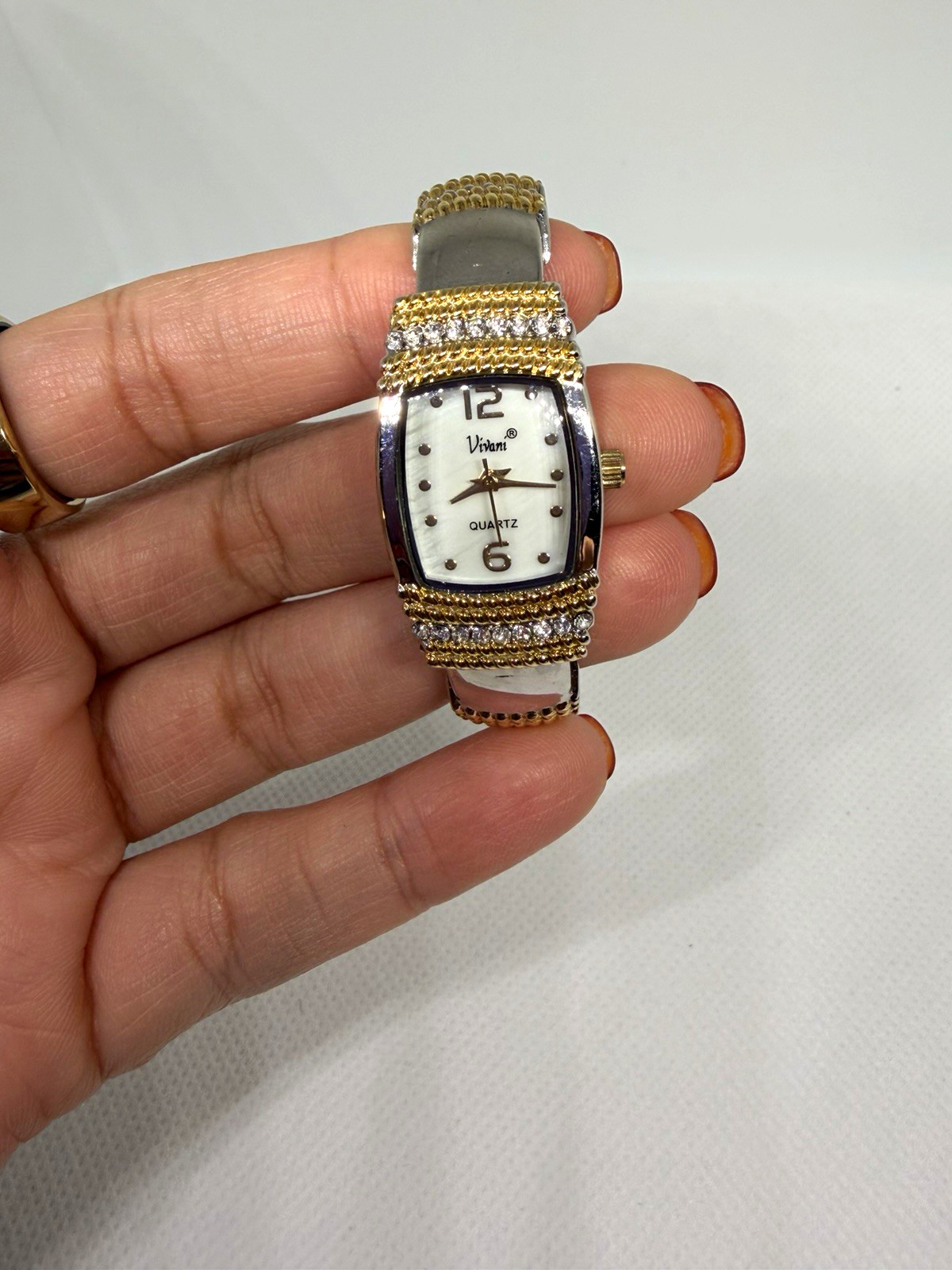 Vivani Quartz Bangle Watch Silver & Gold Tone Rhinestone Accent Women’s Watch