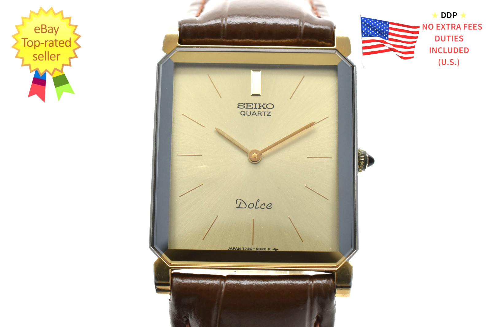 ▶️[ Near MINT+++ ] Vintage Seiko Dolce 7730-5020 25mm Gold Dial Quartz Men Watch
