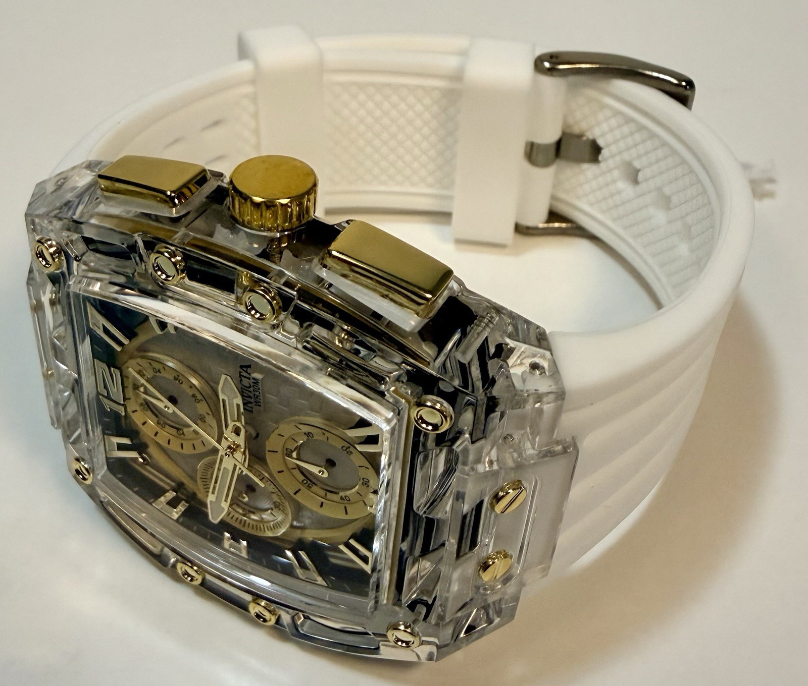 Invicta S1 Rally 42mm Gold Dial Clear Quartz Chronograph White Silicone Watch 70
