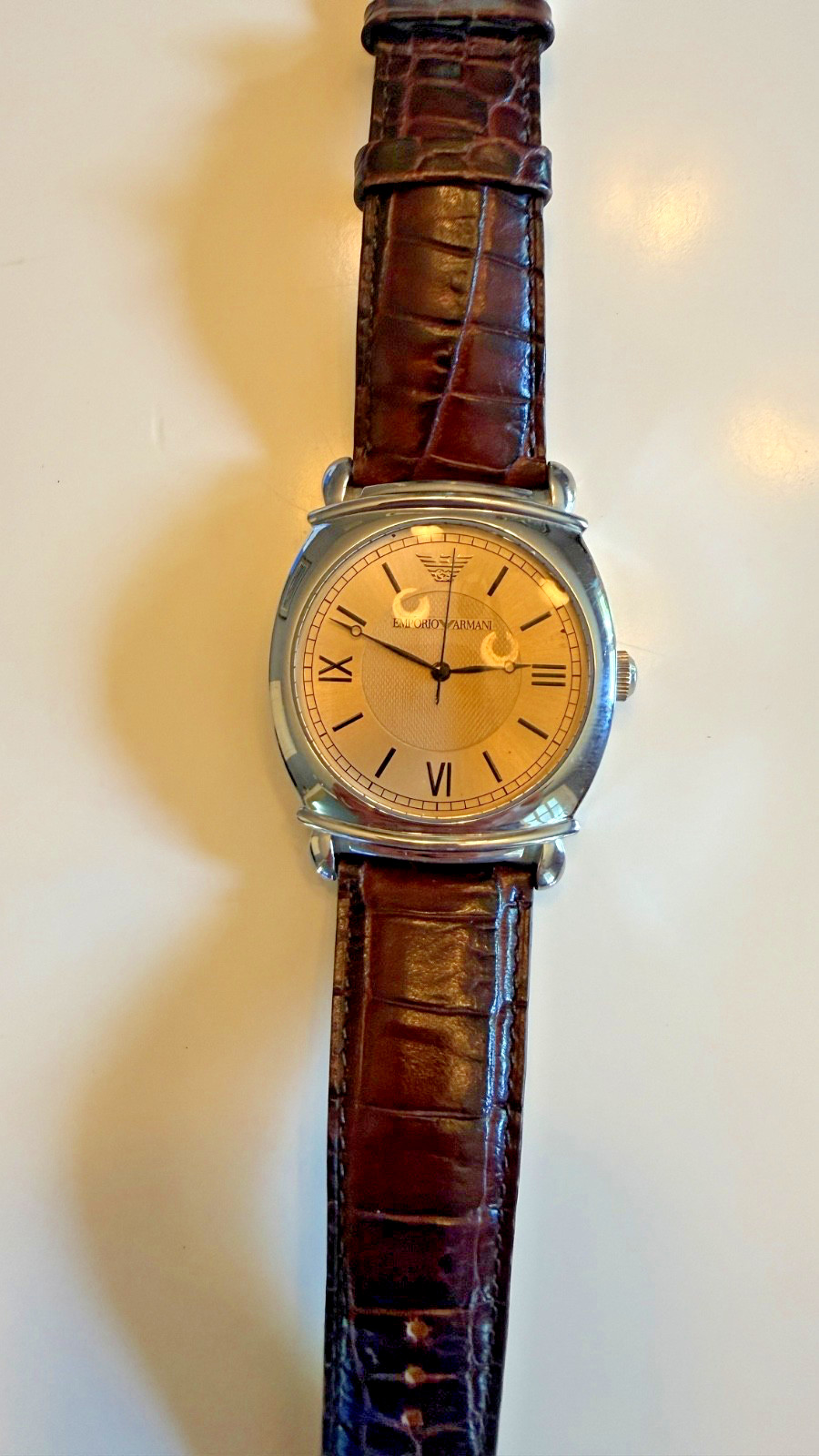 Emporio Armani AR0264 Champagne Dial, Guilloché, Roman numerals, Leather Strap