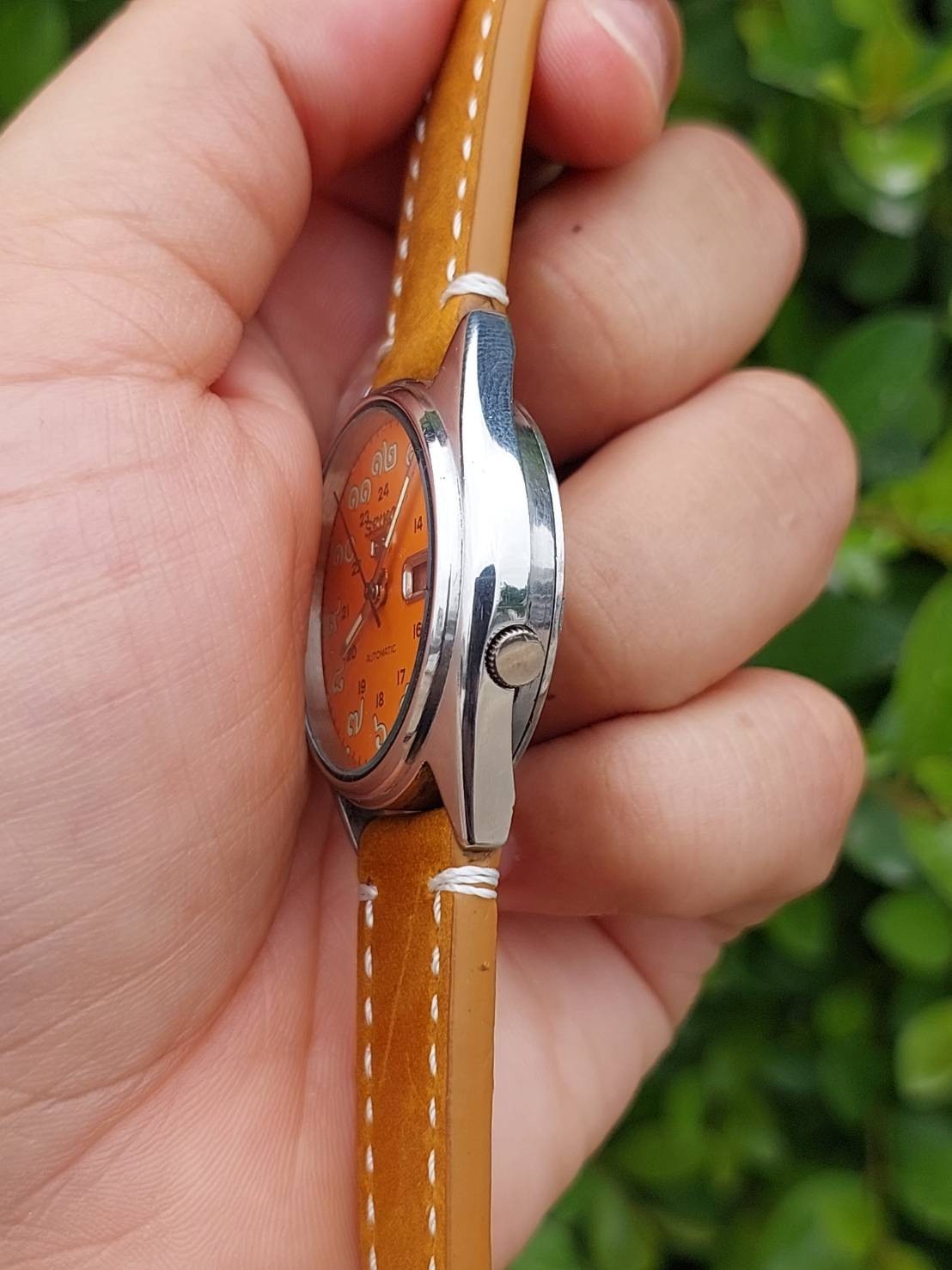 Seiko 5 Automatic 7009 Orange-Thai Numerals Dial with Leather Strap