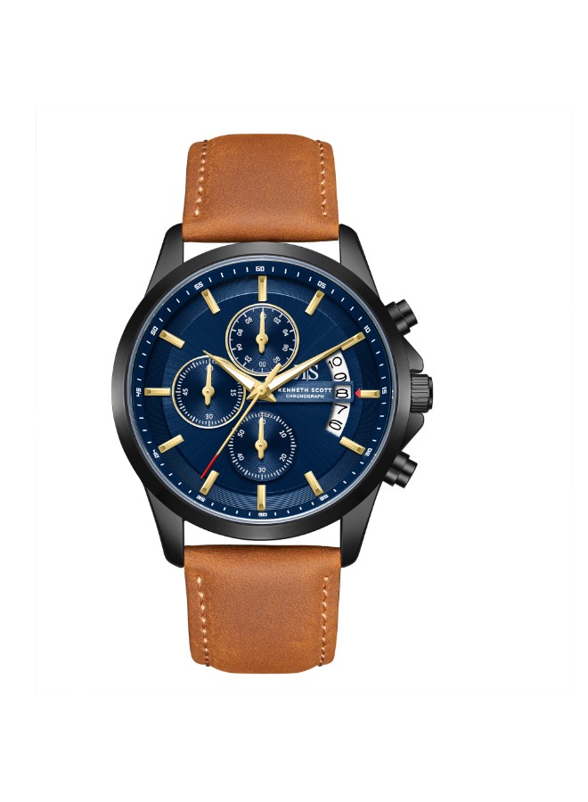 Kenneth Scott Men’s Chronograph Watch | Blue Dial, Brown Leather Band, 42mm