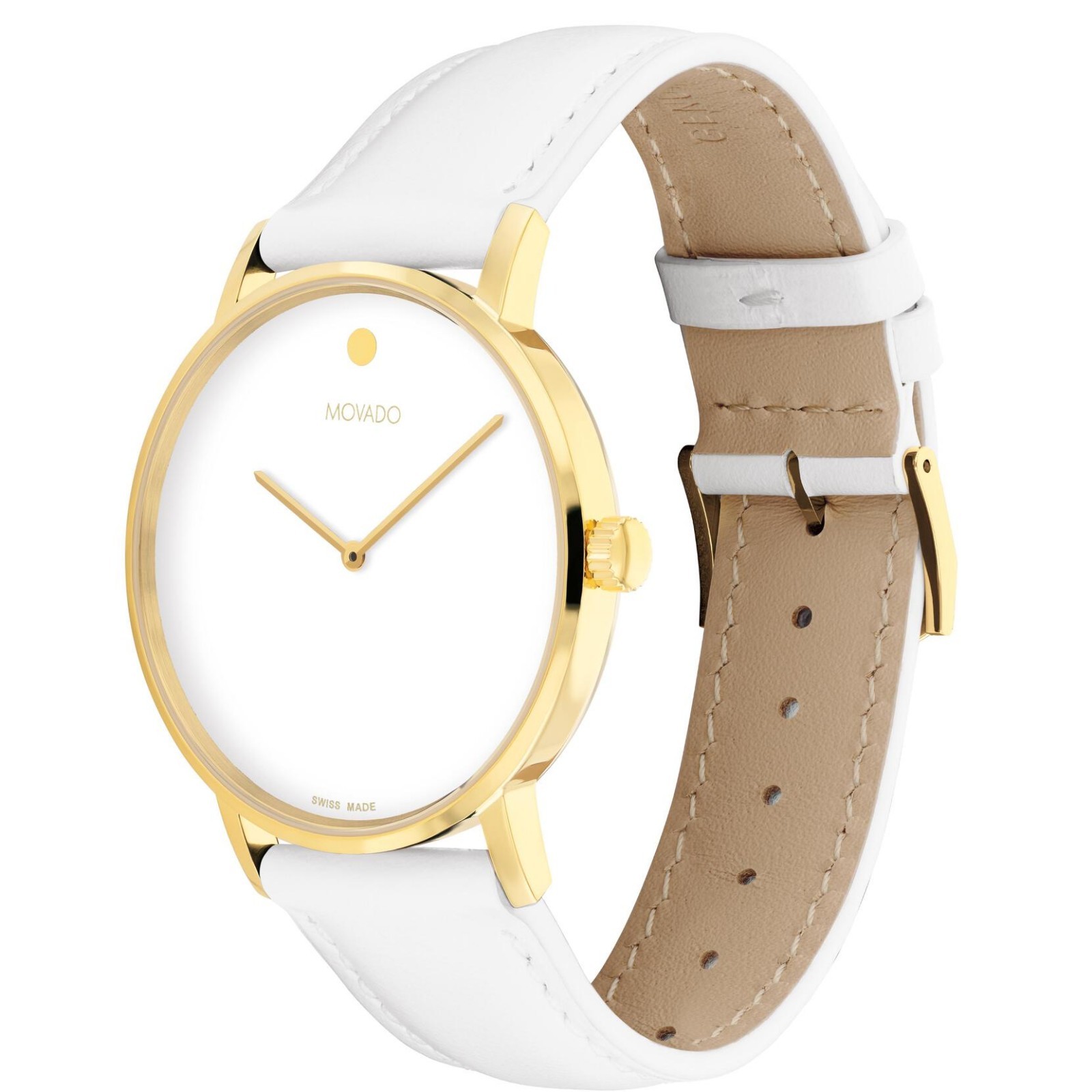 MOVADO Signature White Dial & White Leather Strap Gold Watch 0608097
