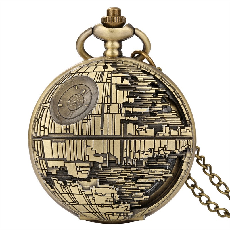 Bronze/Gold/Silver Star Engraved Case Quartz Pocket Watch Necklace Chain Gift