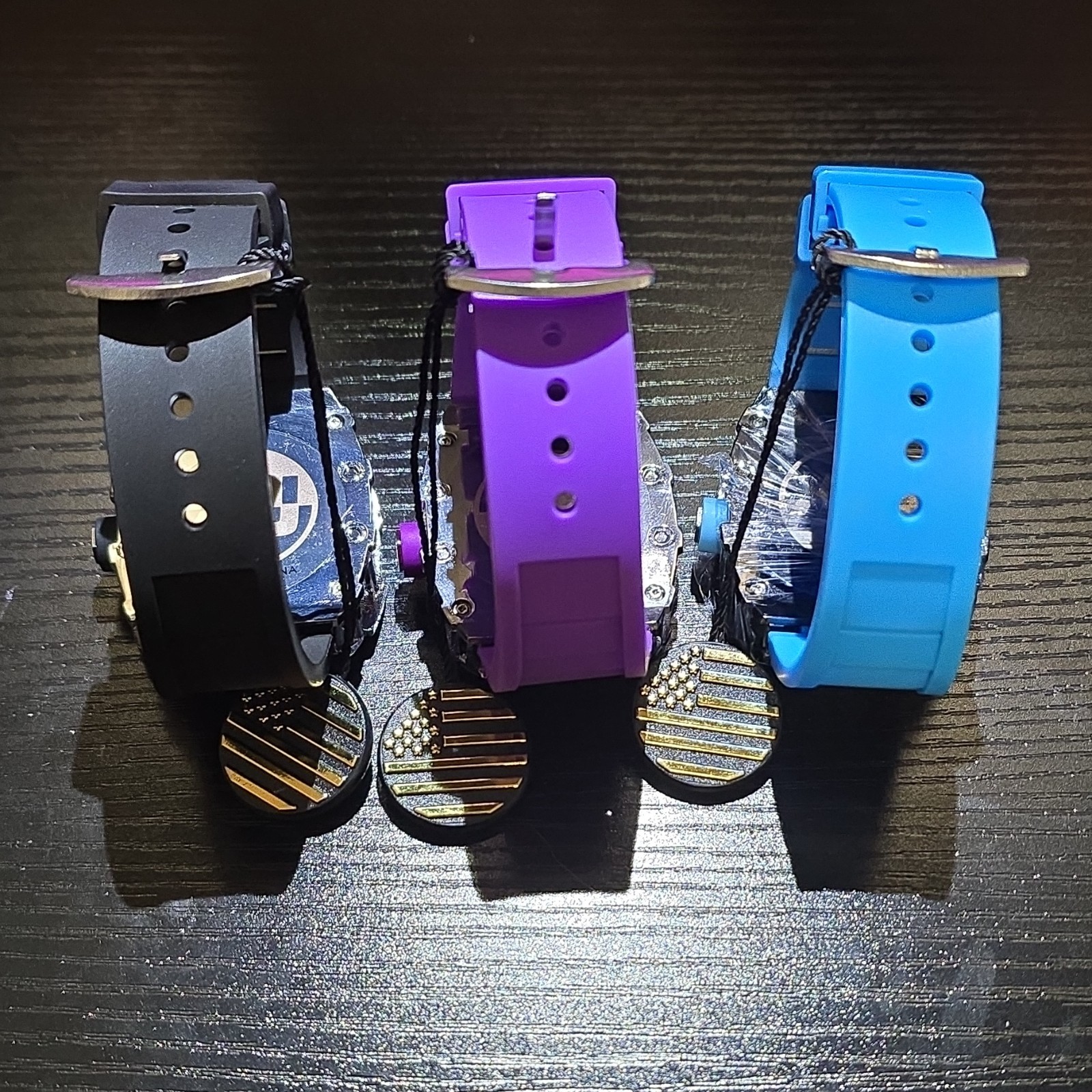 Luxury Watch Set Blue Purple Black Rubber Bands Skeleton Dial Stainless Steel