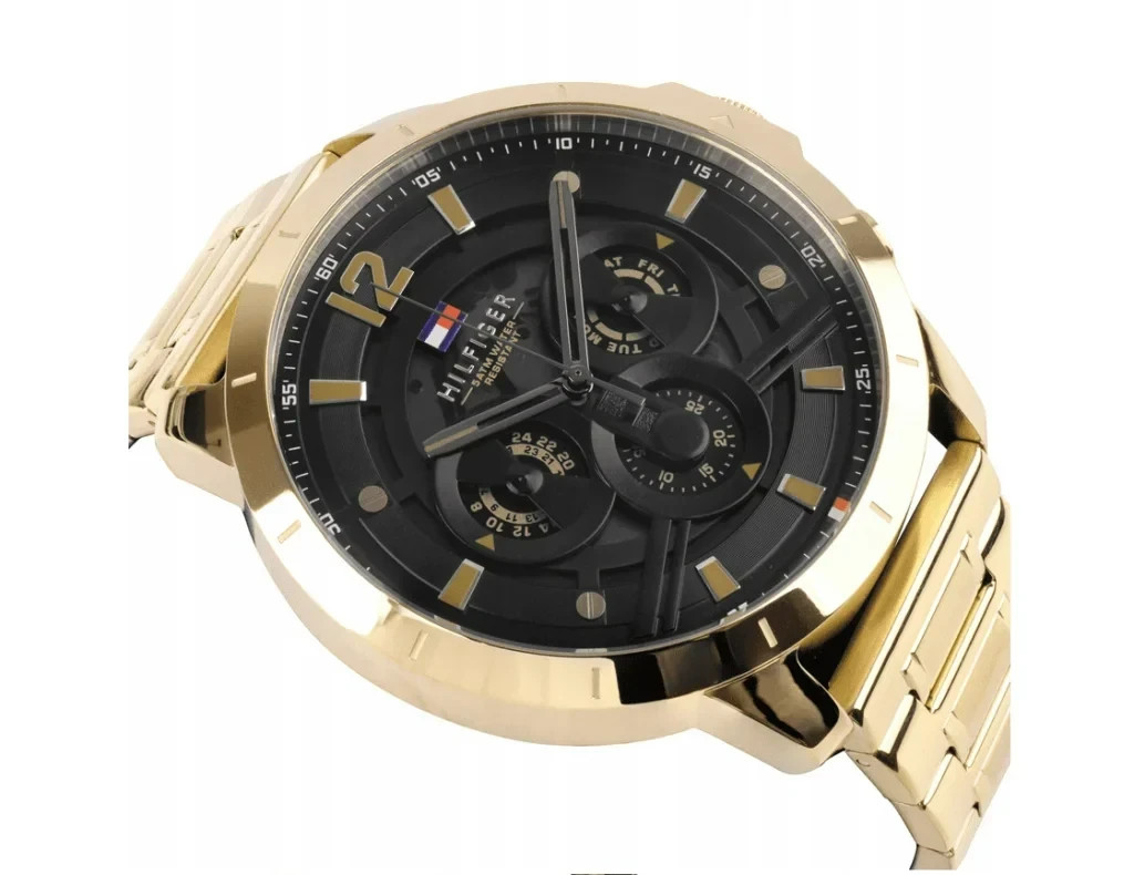 NEW TOMMY HILFIGER LUCA GOLD TONE BLACK DIAL DAY DATE MULTIFUNCTION MEN’S WATCH