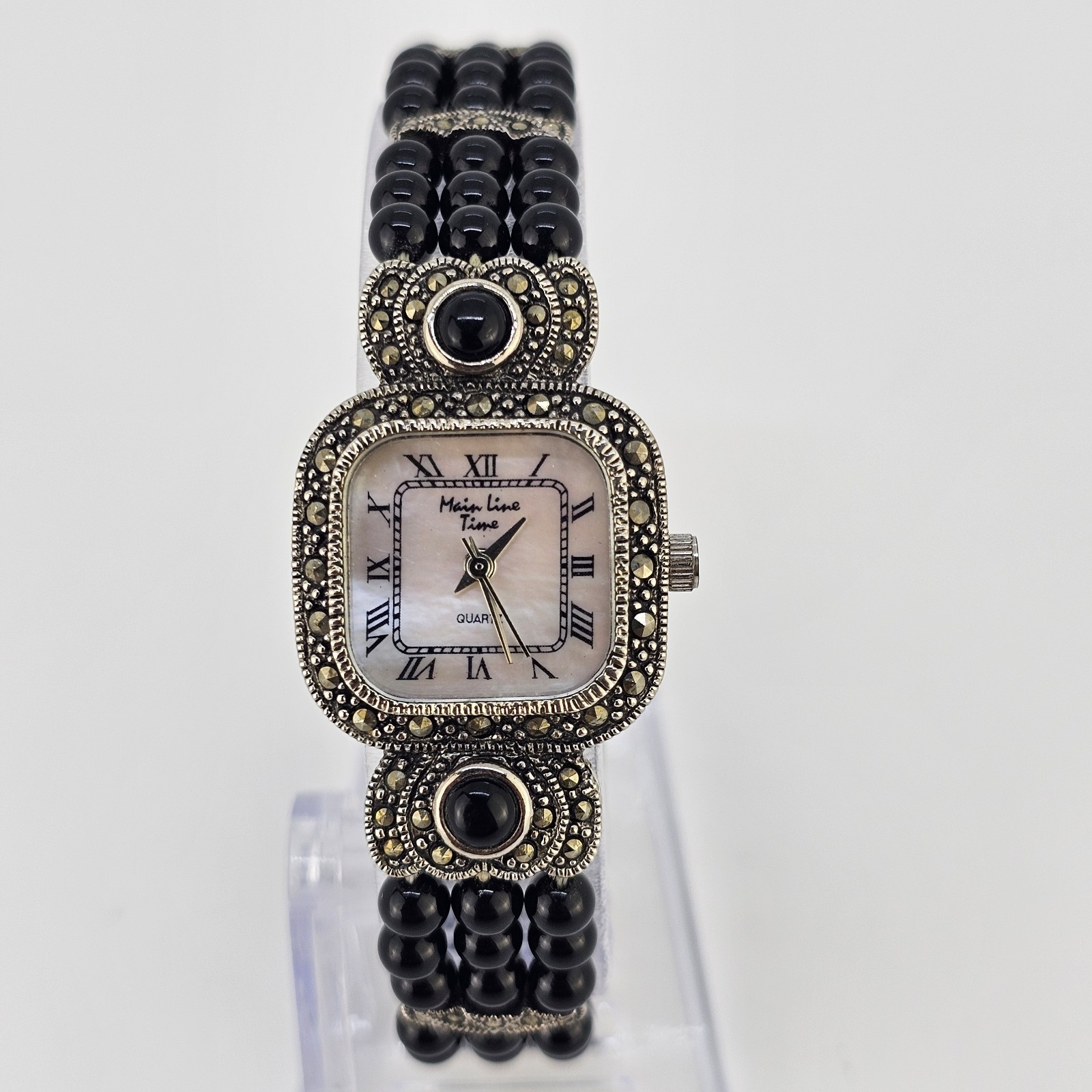 Main Line Time Women’s Watch 22MM MOP Dial Black Beads Band 6.5″ New Battery