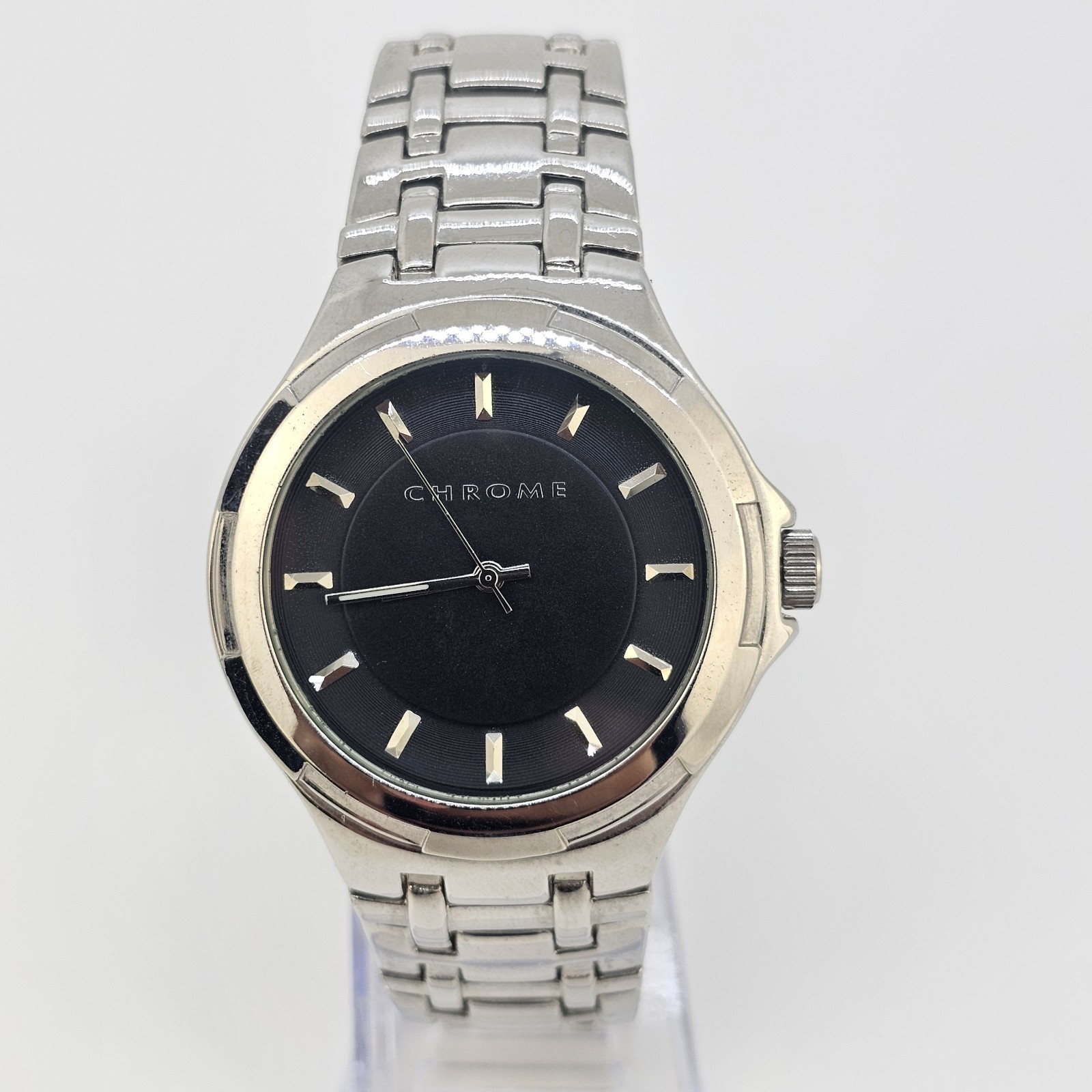 Chrome Men’s Watch 42MM Black Dial Gray Case Bracelet Band 7.5″ New Battery