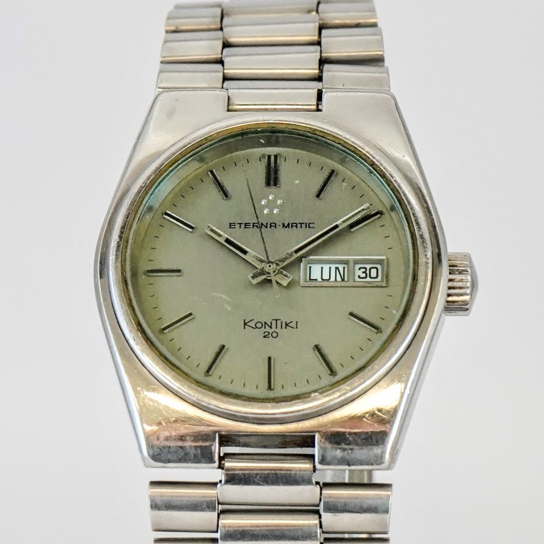 Vintage Eterna-Matic Kontiki 20 Watch 25J Day/Date 37mm ALL S.S. – Orig Bracelet