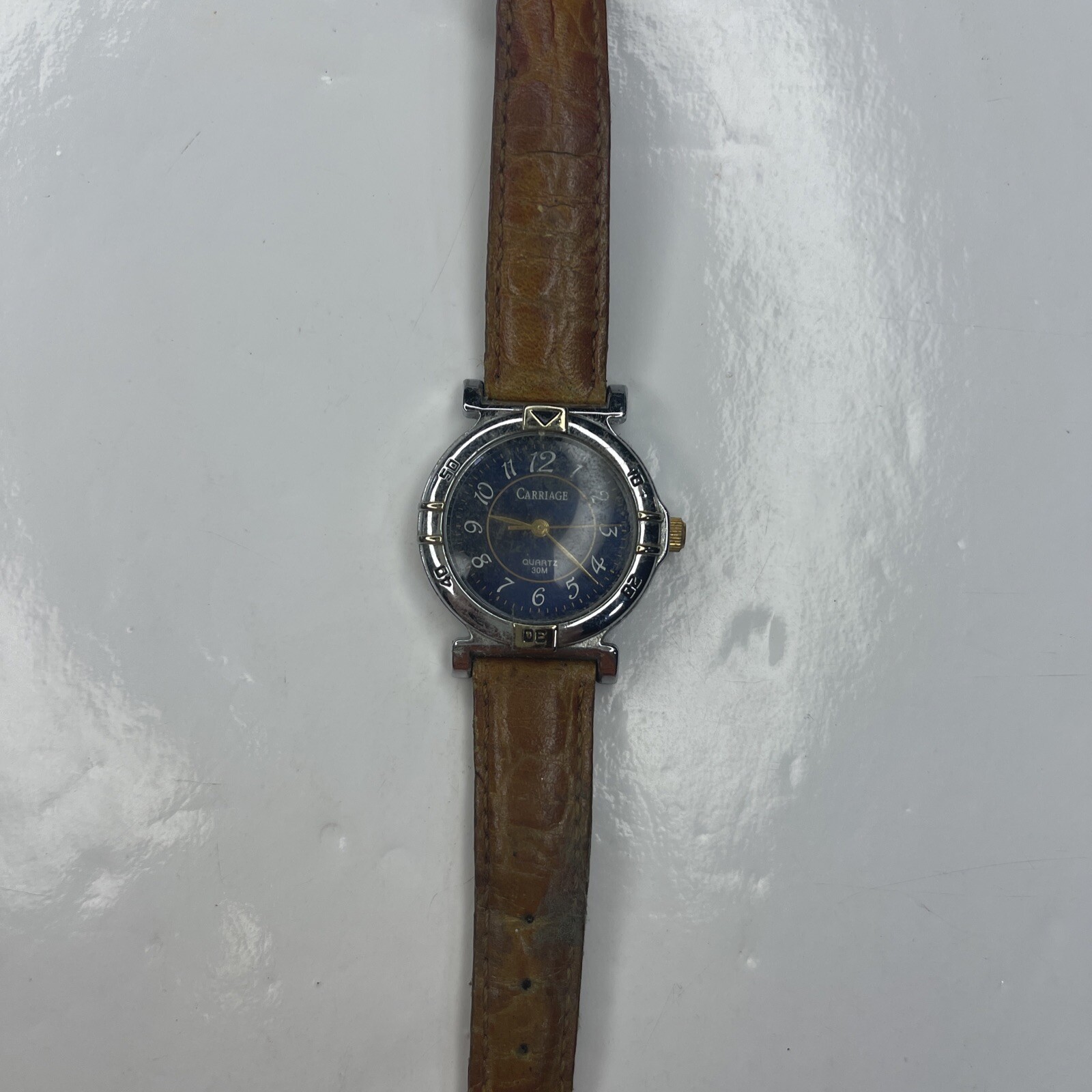 A Carriage Silver Brown Leather Blue WR30M J7 Ladies Watch Untested